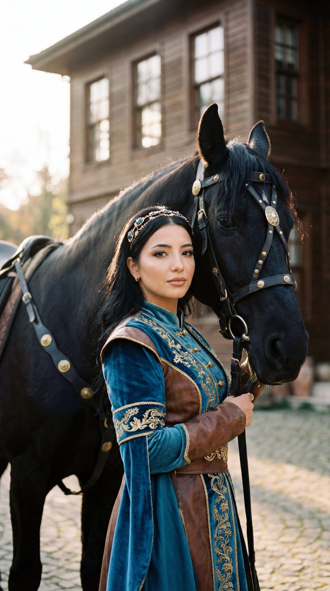 Photorealistic Historical Turkish Woman with Black Horse — output 1