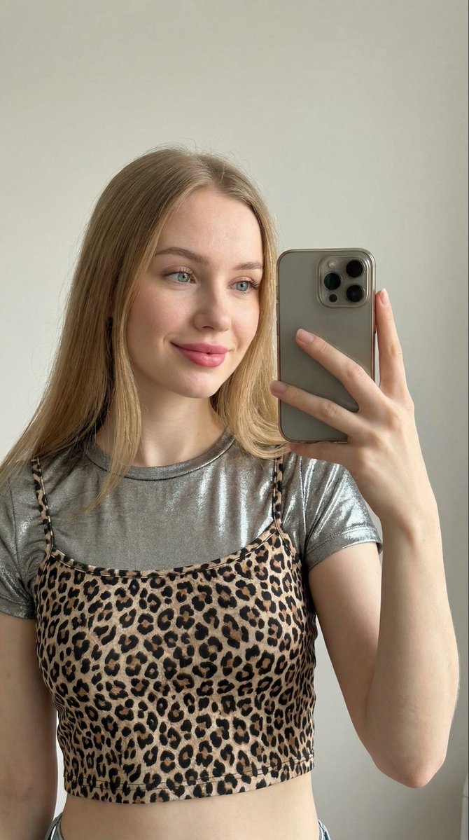 Profile / Avatar - Close-up Selfie of a Woman in Leopard Print and Metallic Shirt — output 1