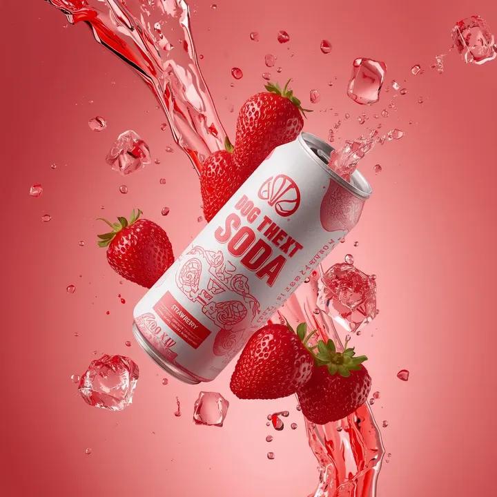 E-commerce Main Image - Zero-Gravity Product Video Prompt (Strawberry Soda) — output 1