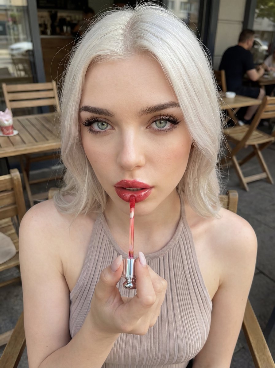 Outdoor Cafe Lip Gloss Application Beauty Portrait Prompt — output 1