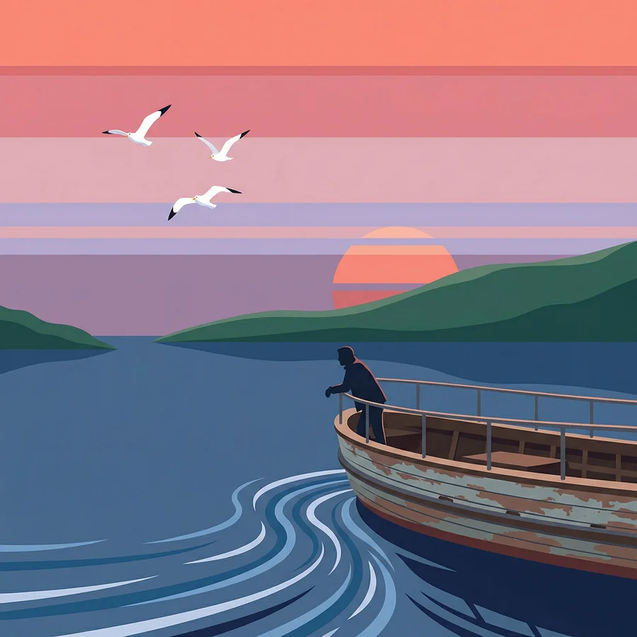 Social Media Post - Fishing Boat Sunset Illustration — output 1