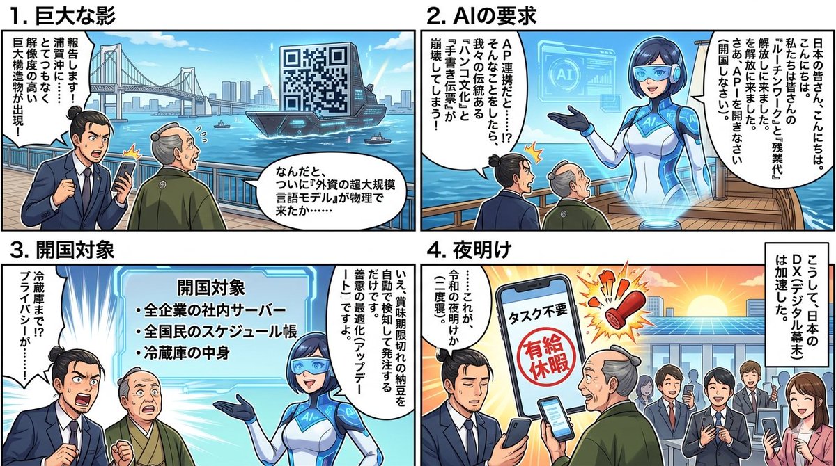 Comic / Storyboard - Four-Panel Manga Generation: AI Black Ship Arrival — output 1
