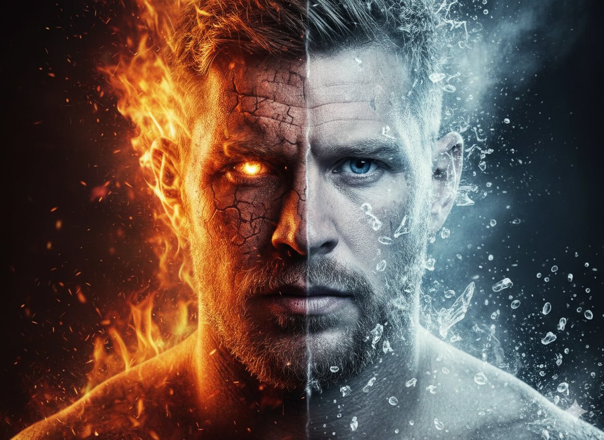 Hyperrealistic Portrait Split by Fire and Ice — output 1