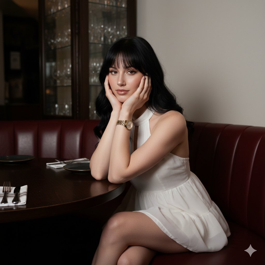High-Contrast Flash Portrait in Dimly Lit Restaurant Prompt — output 1