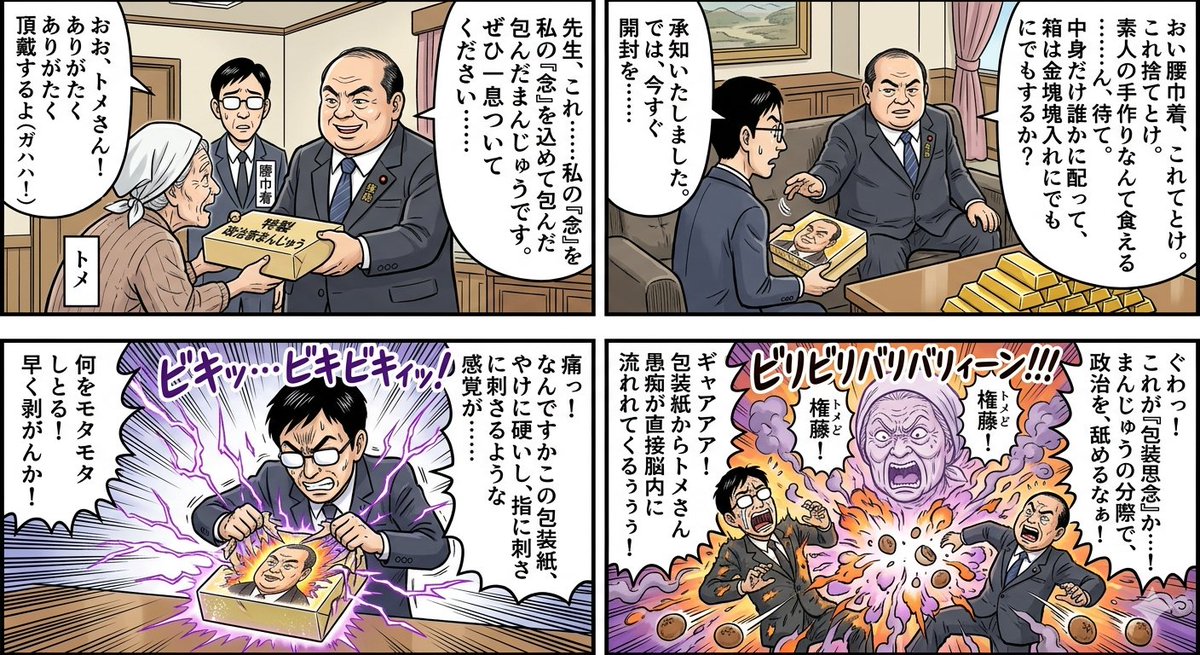 Social Media Post - Four-Panel Manga: Politician Manju Incident — output 1