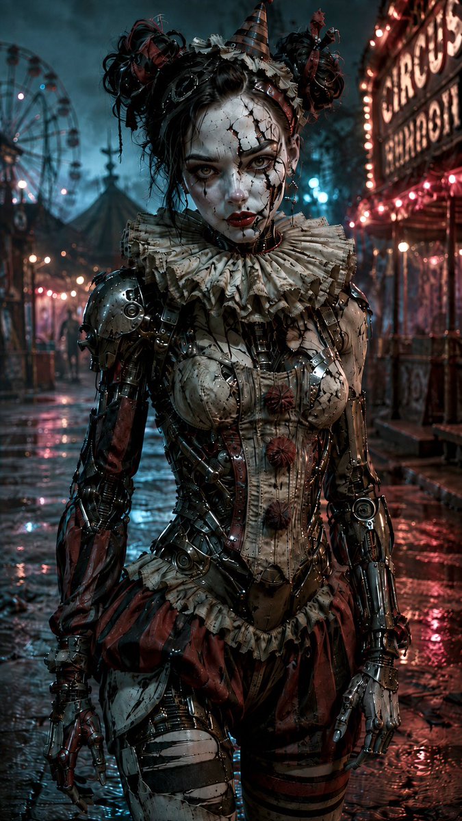 Comic / Storyboard - Female Clown Cyborg Cyberpunk Portrait — output 1