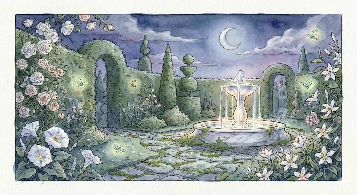 Poster / Flyer - Watercolor Illustration of a Magical Garden at Midnight — output 1
