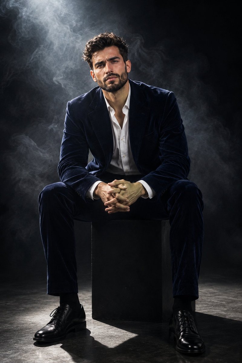 Product Marketing - Cinematic velvet suit portrait — output 1
