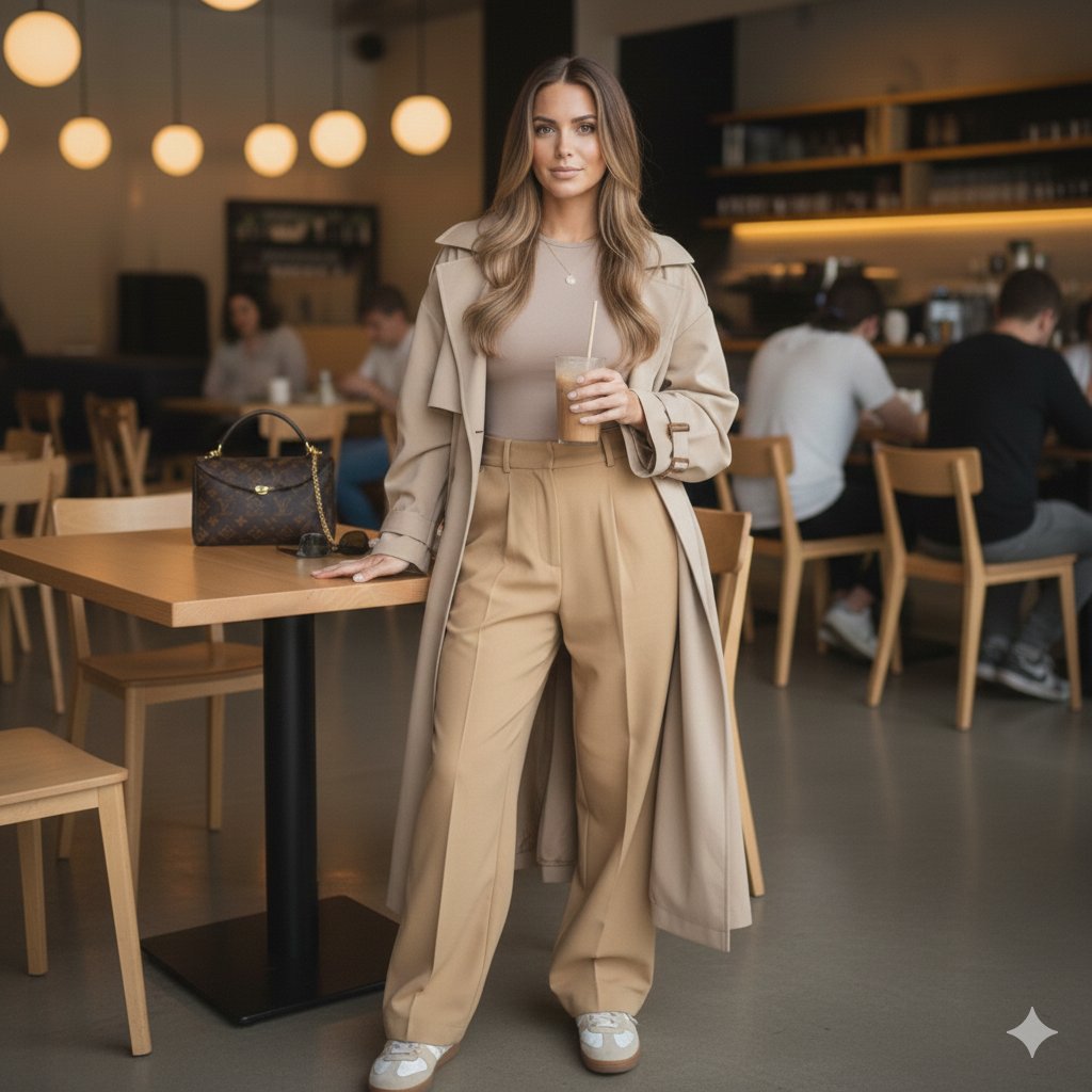 Aesthetic café lifestyle portrait in activewear prompt — output 1