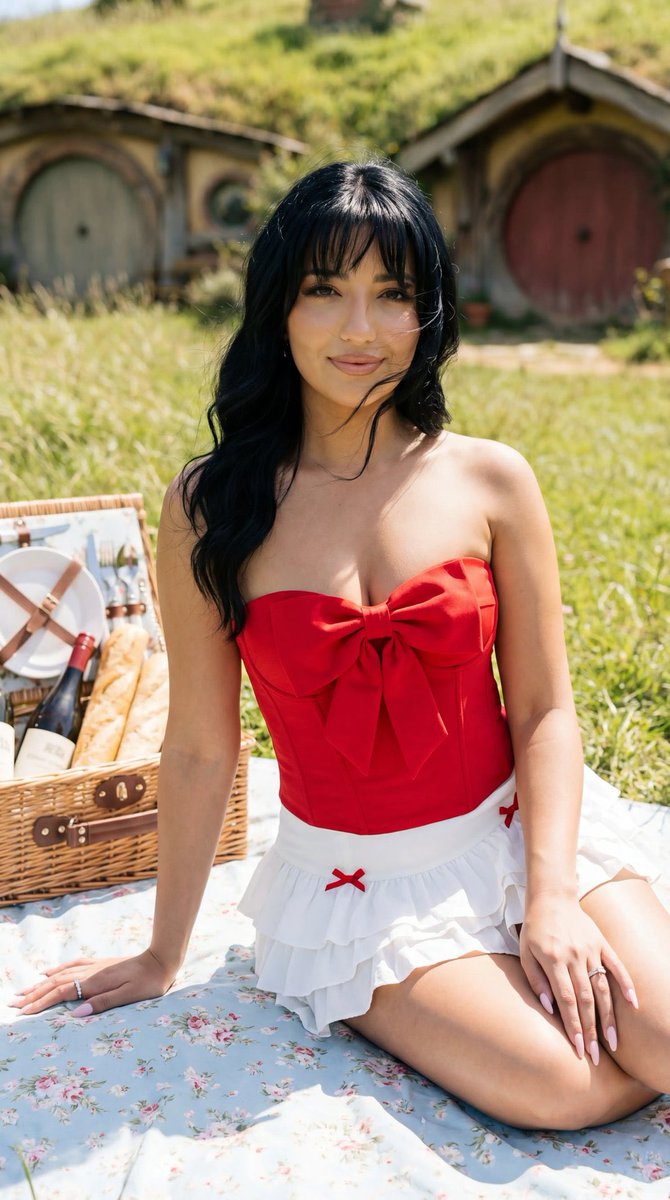 Photoreal Picnic Portrait near Hobbit Cottages — output 1