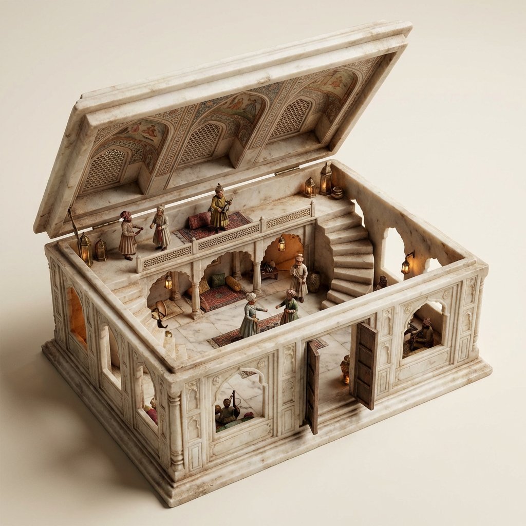 Game Asset - Ornate Box Diorama Master Prompt (Mughal Hall Interior) — output 1