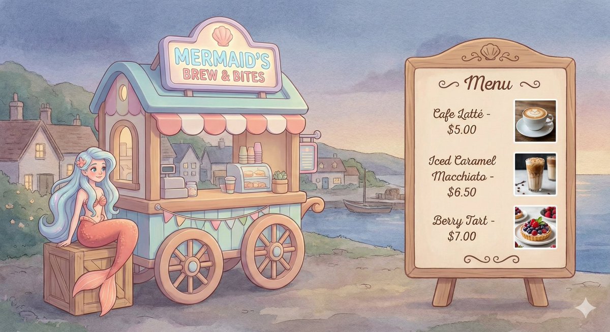 Dreamy Mermaid Café Illustration with Menu Display — output 1