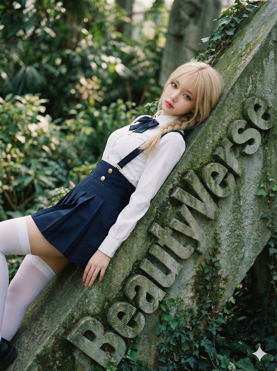 High-Fashion Garden Editorial with Tilted Stele Effect — output 1