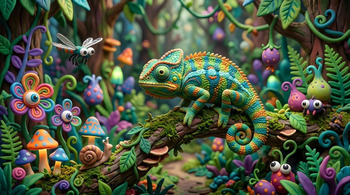 Comic / Storyboard - Whimsical Claymation Chameleon Scene — output 1