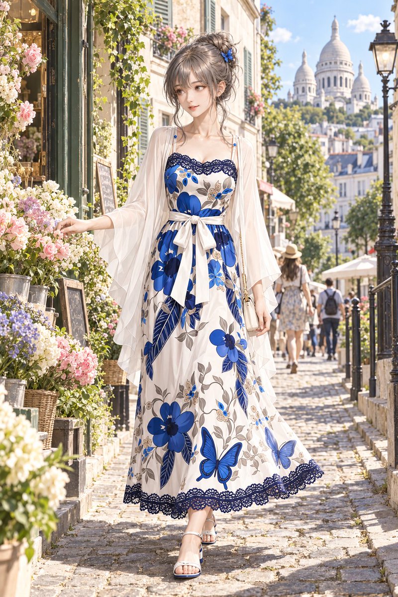 Social Media Post - Paris Floral Dress Anime Illustration — output 1
