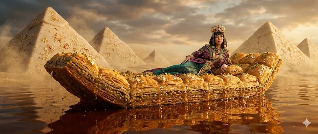 Product Marketing - Sydney Sweeney as Cleopatra on a Baklava Barge Food Art Fantasy — output 1