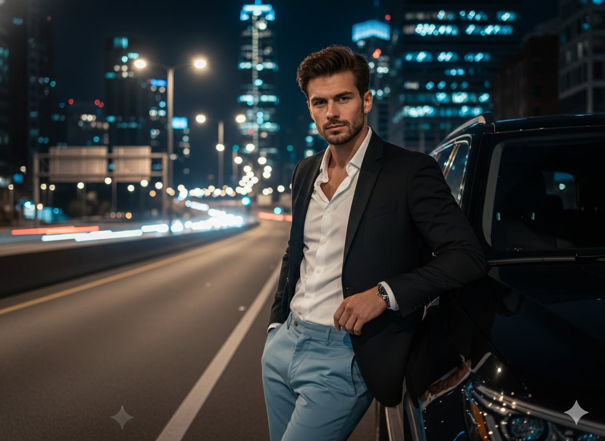 Cinematic Night Urban Portrait with Luxury SUV — output 1