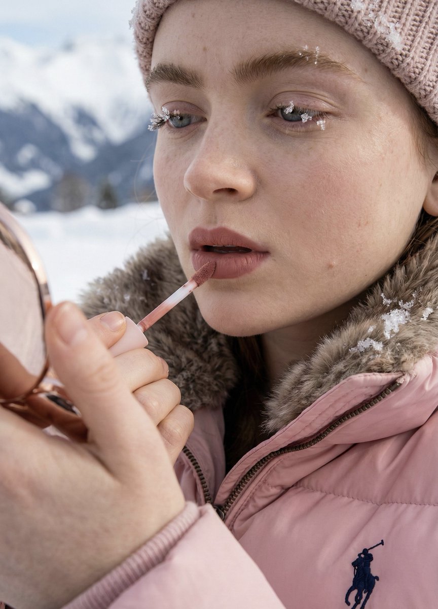 High-Fidelity Texture Test: Girl with Kylie Lip Kit in Snow — output 1