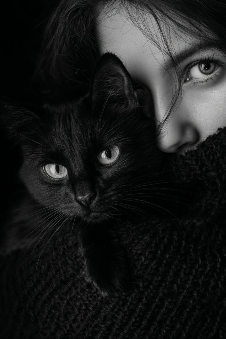 Moody Black and White Portrait with Cat — output 1