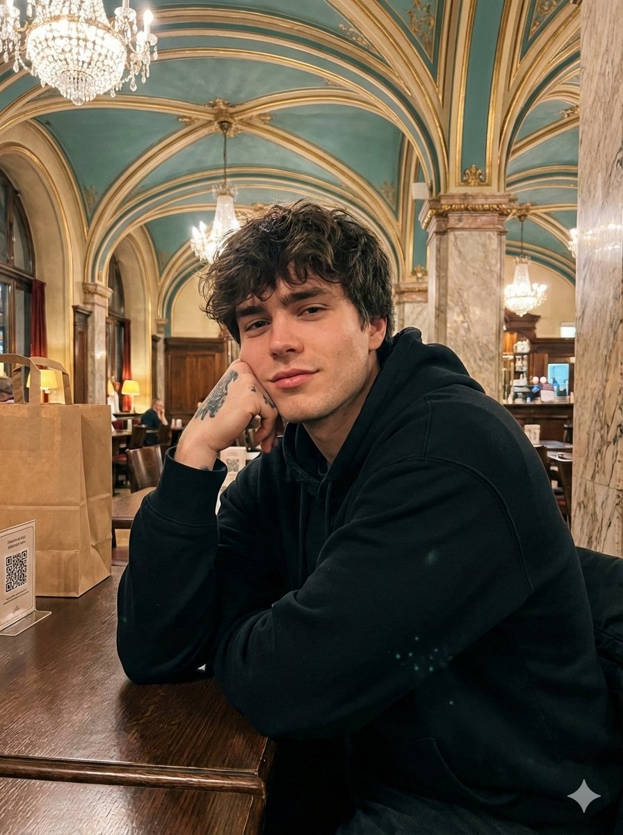 Opulent Café Portrait with Voluminous Hair — output 1