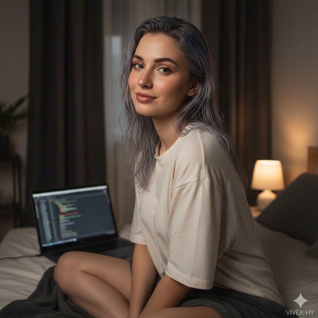 Cozy Bedroom Portrait with Code Editor Prompt — output 1