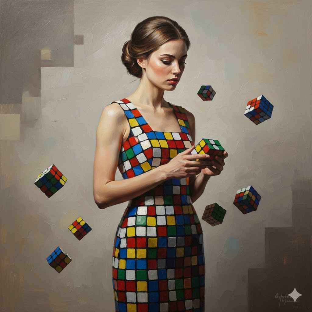 Hyper-realistic portrait of model in Rubik's cube dress — output 1