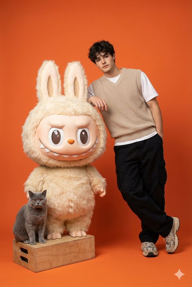 Gen-Z Streetwear Model with Labubu and British Shorthair — output 1