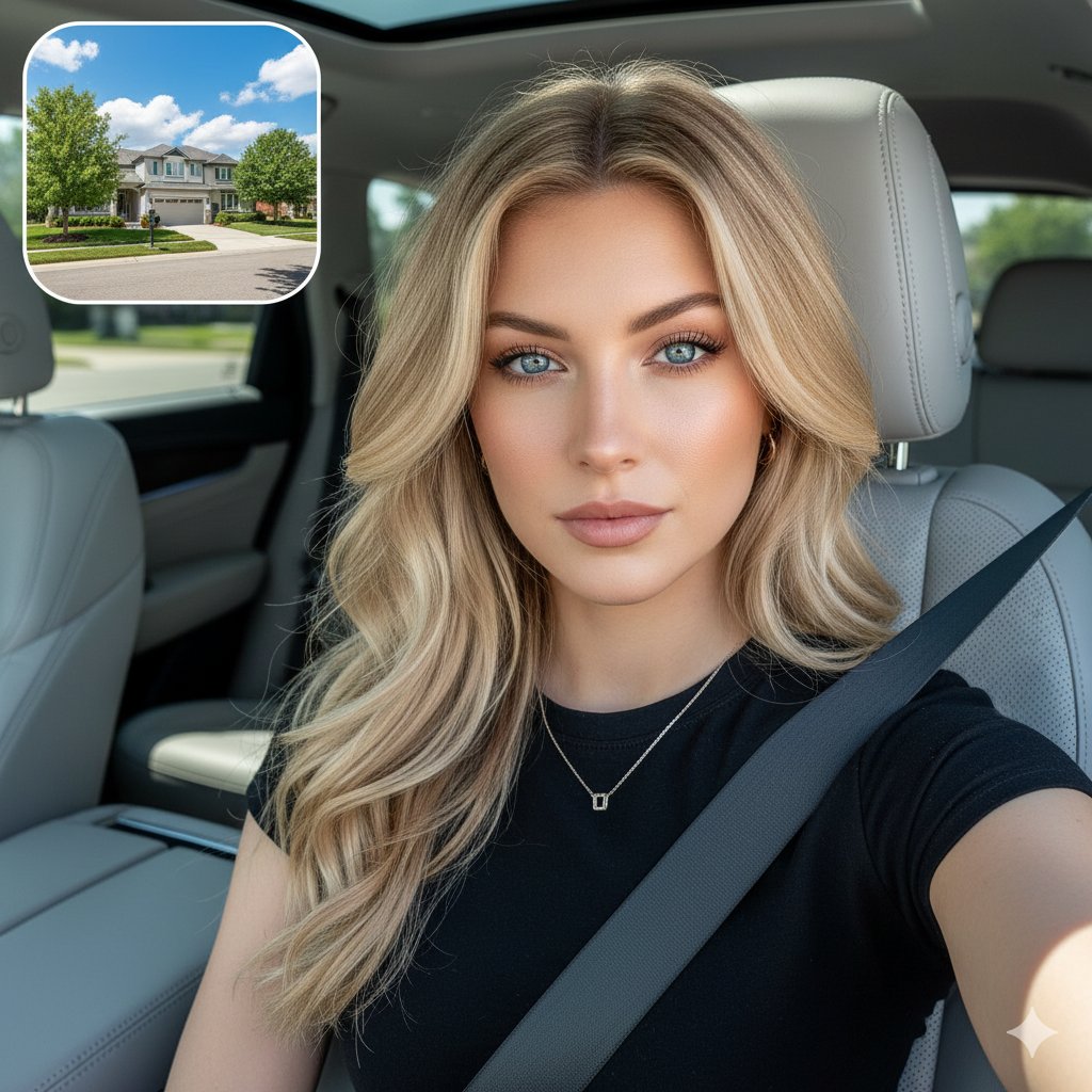 Profile / Avatar - Cinematic SUV Selfie Portrait with Lifestyle Inset — output 1