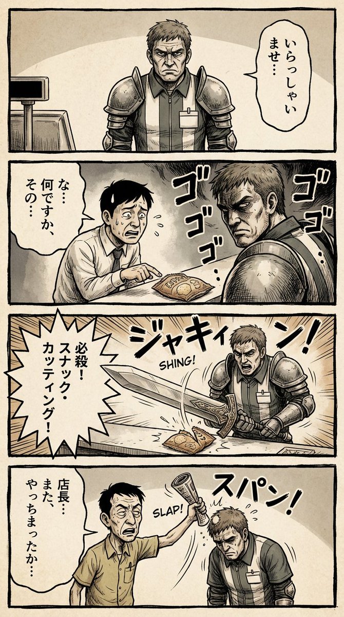 Vertical 4-panel gekiga-style manga YAML prompt — output 1