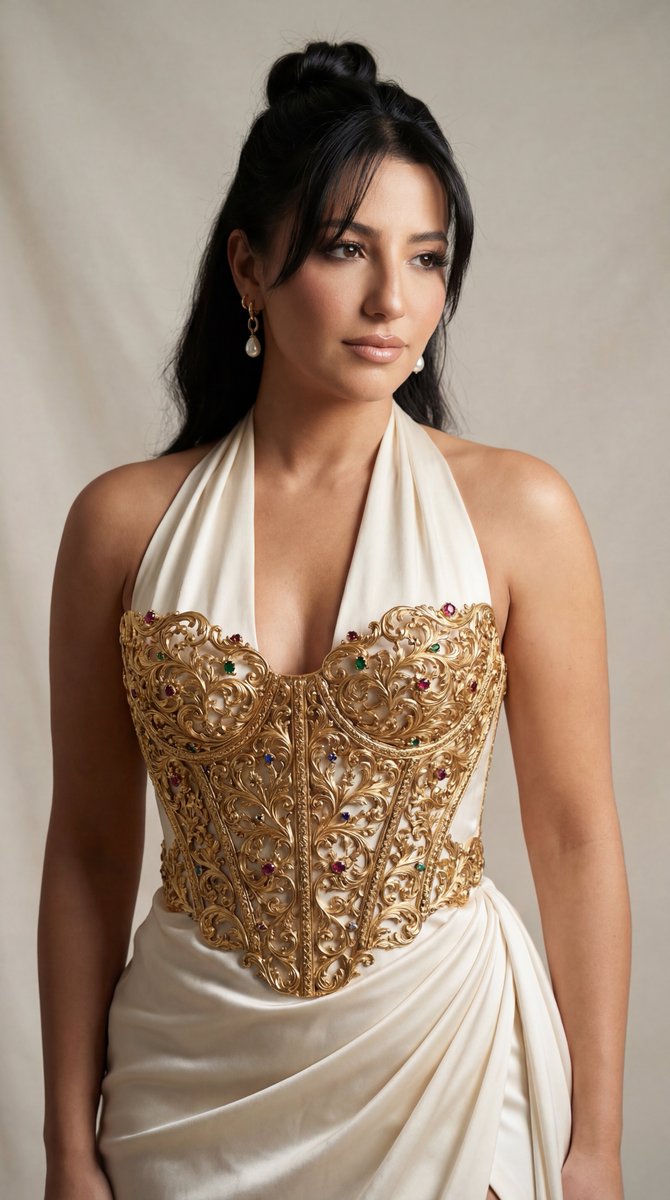 Couture Gown with Sculptural Gold Corset Editorial — output 1