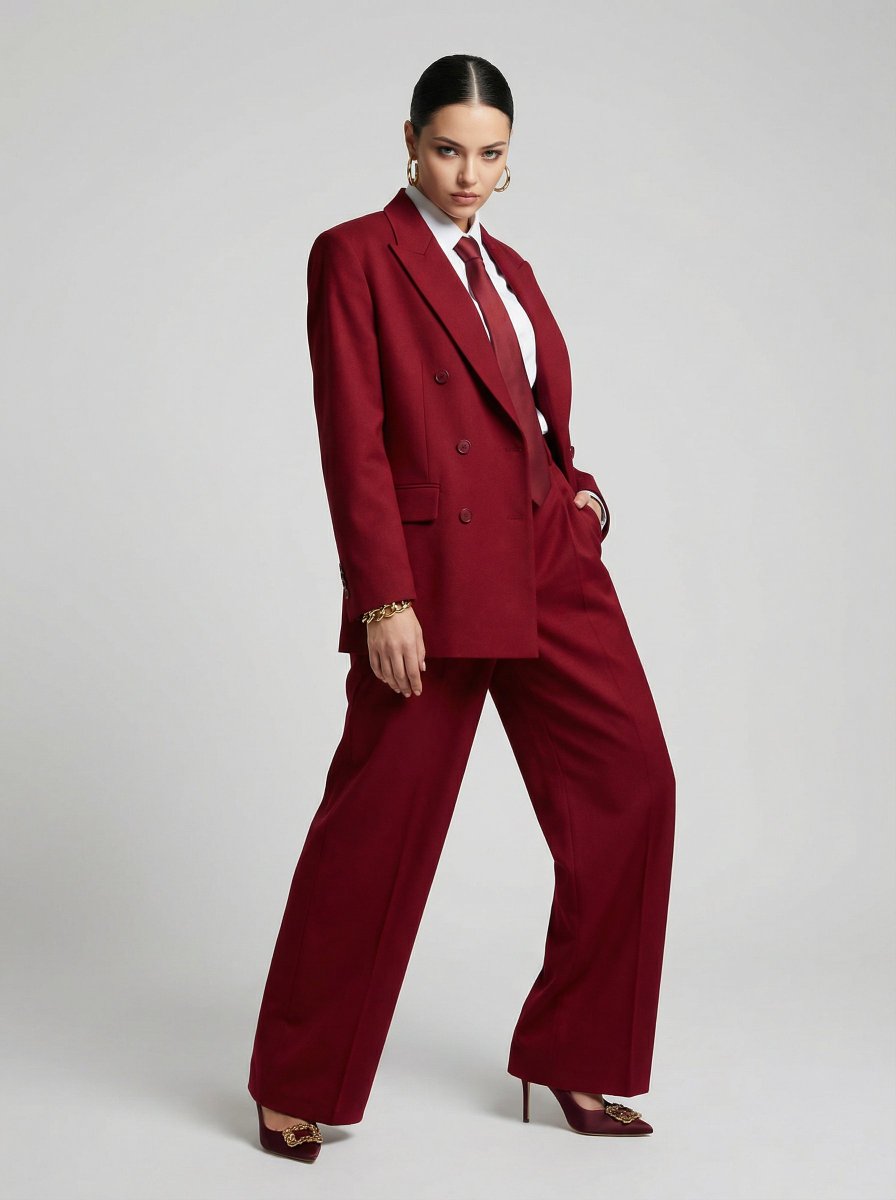 JSON Prompt for High-Fashion Editorial Portrait in Crimson Suit — output 1