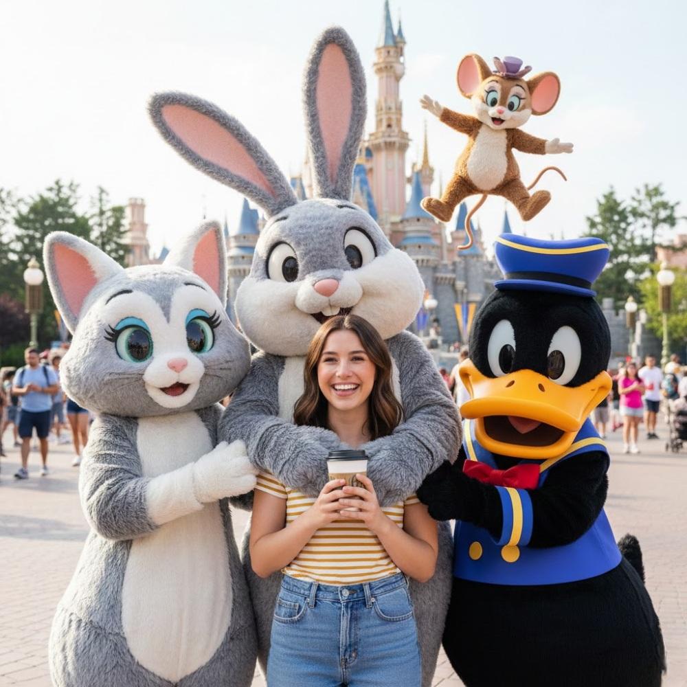 Magical Theme Park Portrait with Mascot Characters — output 1