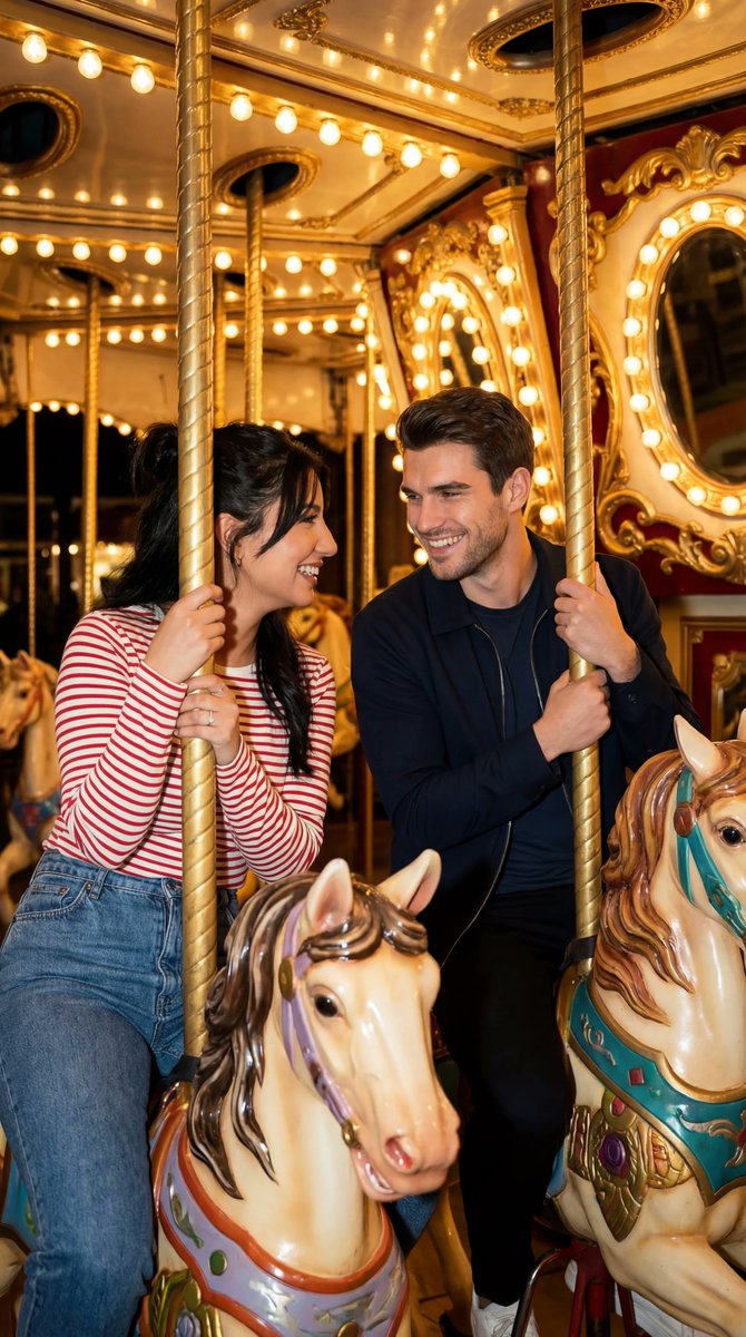Social Media Post - Cinematic Romcom Scene on a Carousel with Identity Lock — output 1