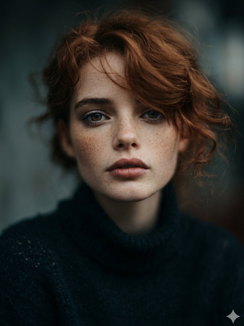 Intimate Cinematic Auburn Portrait with Freckles — output 1