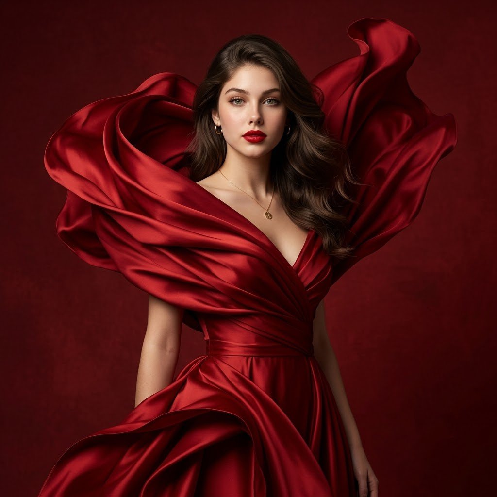 Product Marketing - Luxury Crimson Silk Gown Portrait — output 1