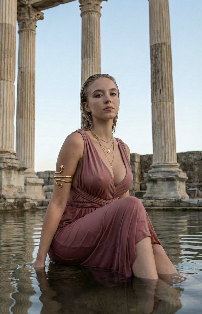 Product Marketing - Sydney Sweeney as Modern Aphrodite in Flooded Ruins — output 1