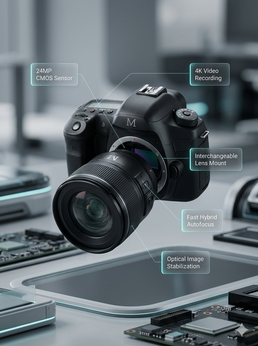 E-commerce Main Image - Deconstructed and Assembled M DSLR Camera Visualization โ output 1