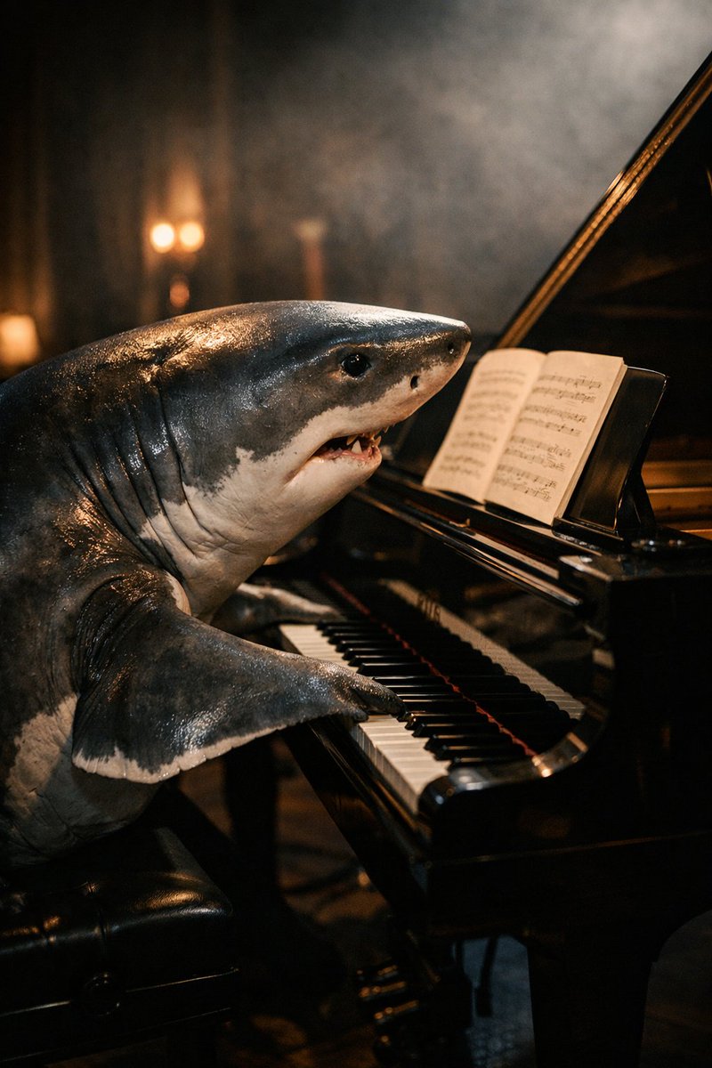 Realistic Shark Playing Piano Benchmark Prompt — output 1