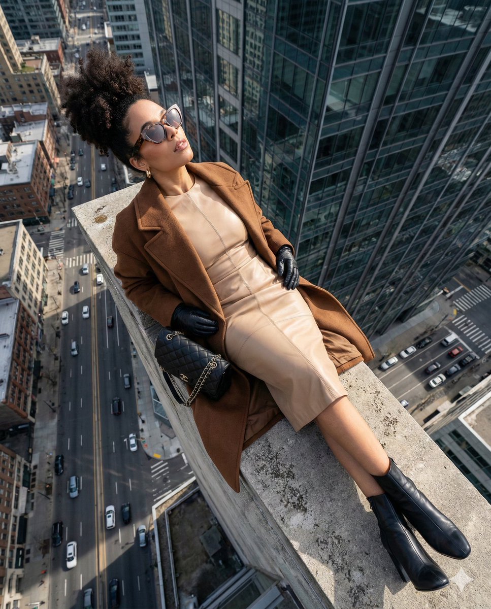 High-Angle Fashion Editorial on Skyscraper Rooftop Ledge — output 1
