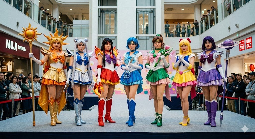 Seven Magical Girls Posing on Stage — output 1