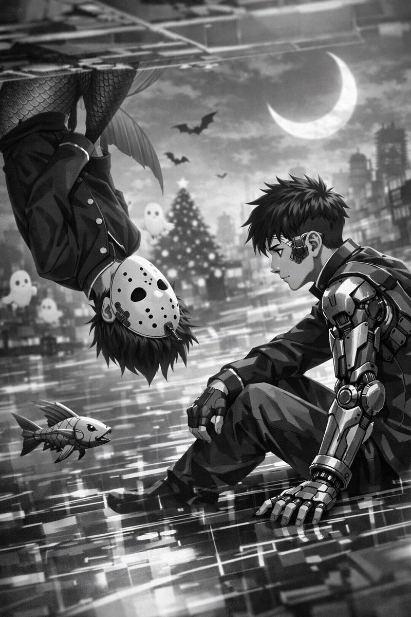 Cyborg and Mermaid Schoolboy Encounter Prompt — output 1