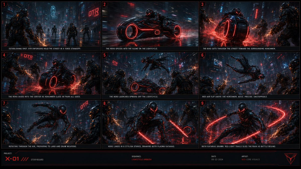 Comic / Storyboard - Cyberpunk Lightcycle Storyboard — output 1