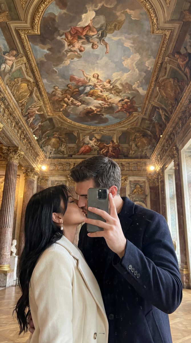 Social Media Post - Ultra Photoreal Museum Mirror Kiss Selfie with Identity Lock — output 1