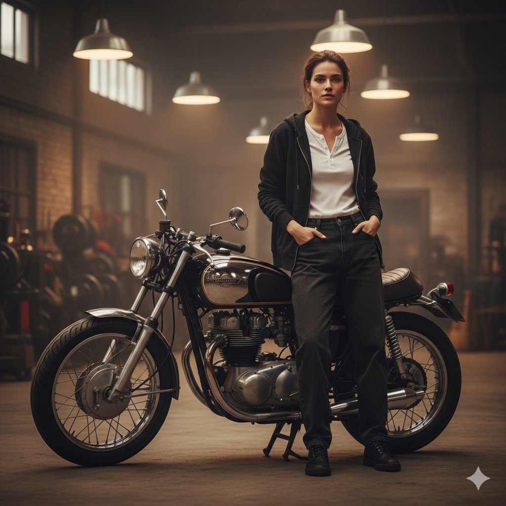 Cinematic Medium Shot of Woman on Cafe Racer — output 1
