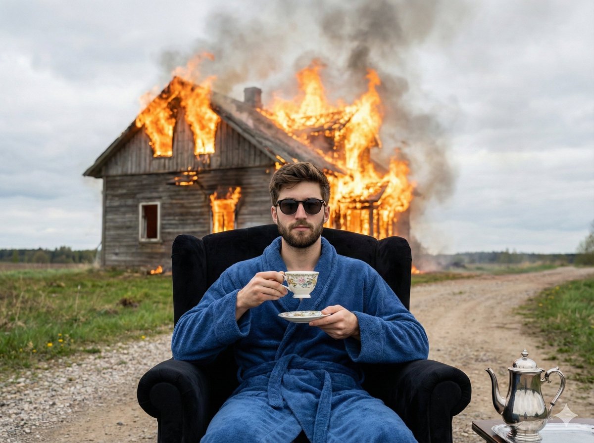 Documentary Photo of Man in Robe with Burning Farmhouse — output 1
