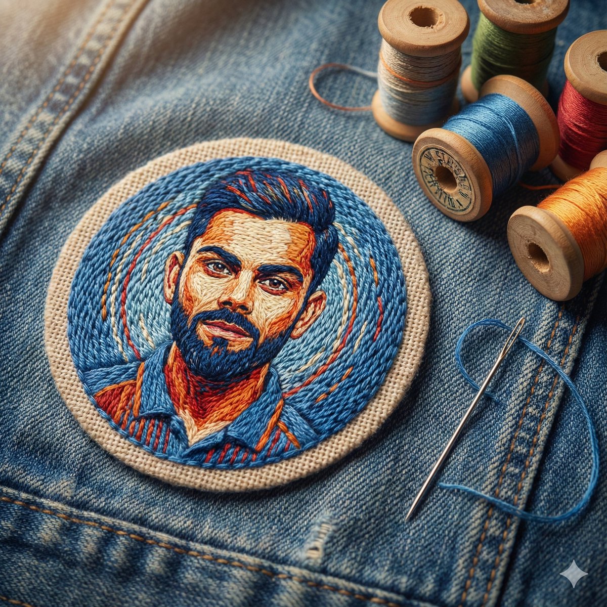 E-commerce Main Image - Embroidered Portrait Patch Macro Photography Prompt — output 1