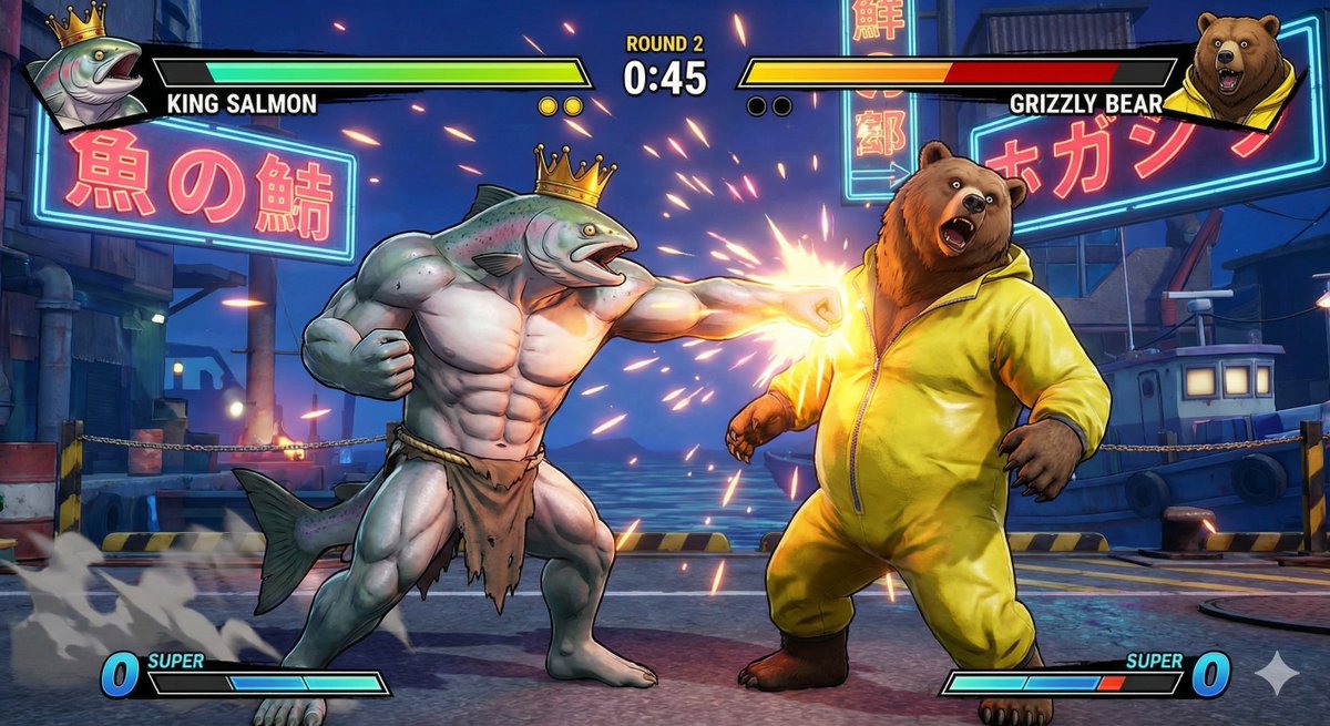 Game Asset - King Salmon vs Grizzly Bear Battle — output 1