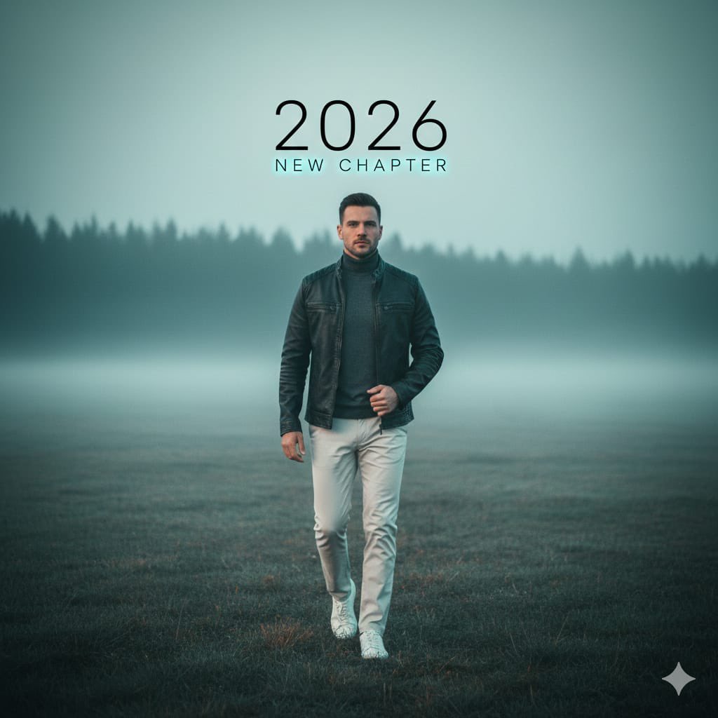 Cinematic Portrait: Man Walking in Foggy Meadow with Typography — output 1