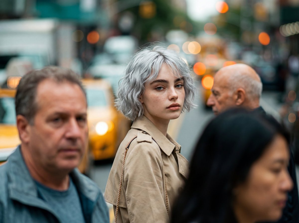 Photorealistic Candid Street-Fashion Portrait with Extreme Bokeh — output 1