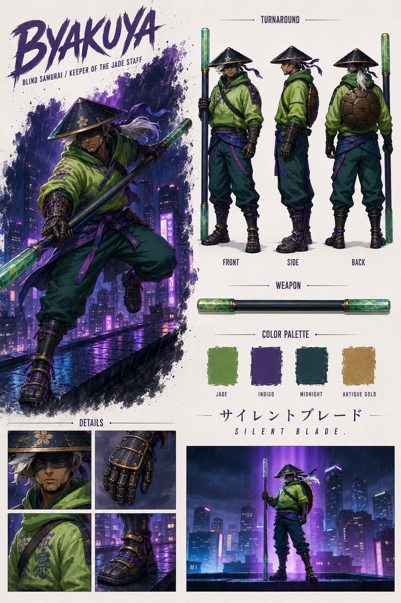 Comic / Storyboard - Byakuya Cyberpunk Samurai Character Sheet — output 1